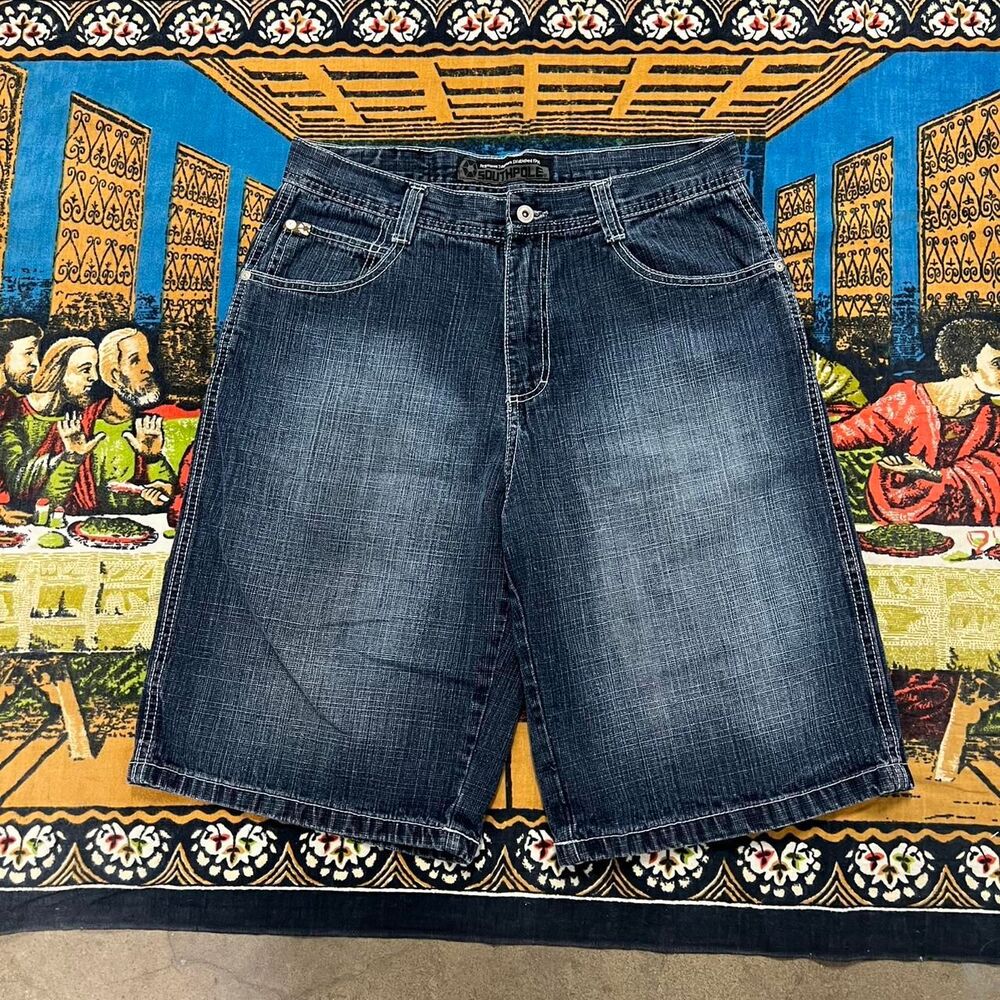 Southpole Men's Blue and Red Denim Shorts size 34 baggy y2k embroidered jorts - Picture 2 of 6